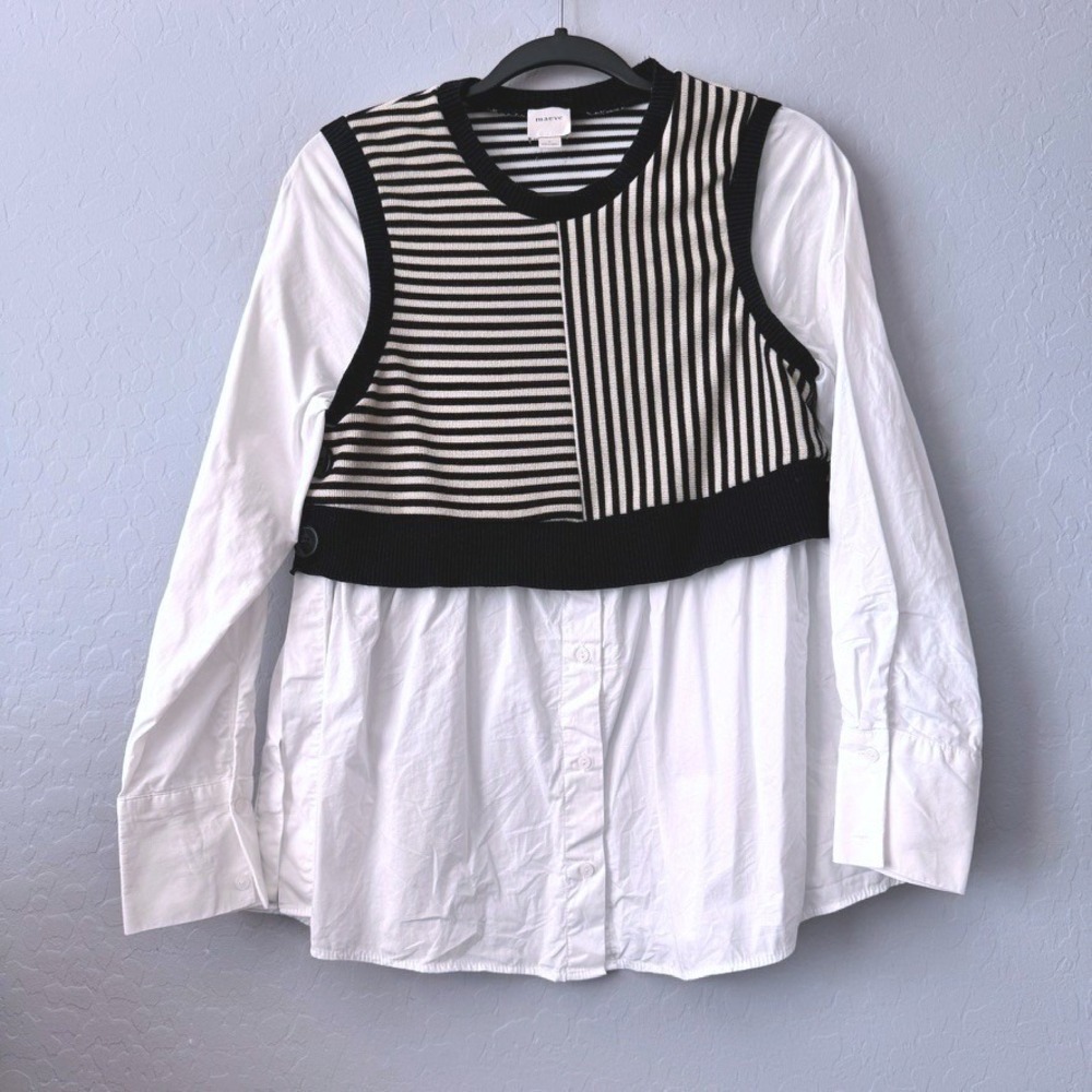 Maeve Small Mixed Media Top Black White Long Sleeve Striped Sweater Vest Layered